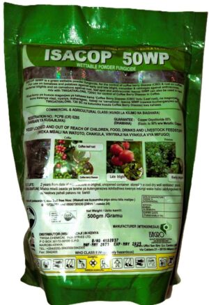 Isacop 50WP is a green wettable powder fungicide, for the control of coffee berry disease (CBD) & rust on coffee. For use on tomatoes and potatoes against early and late blight, cucumber & cabbages against anthracnose, bacterial blights and on carnations against rust, leaf spot and anthracnose.